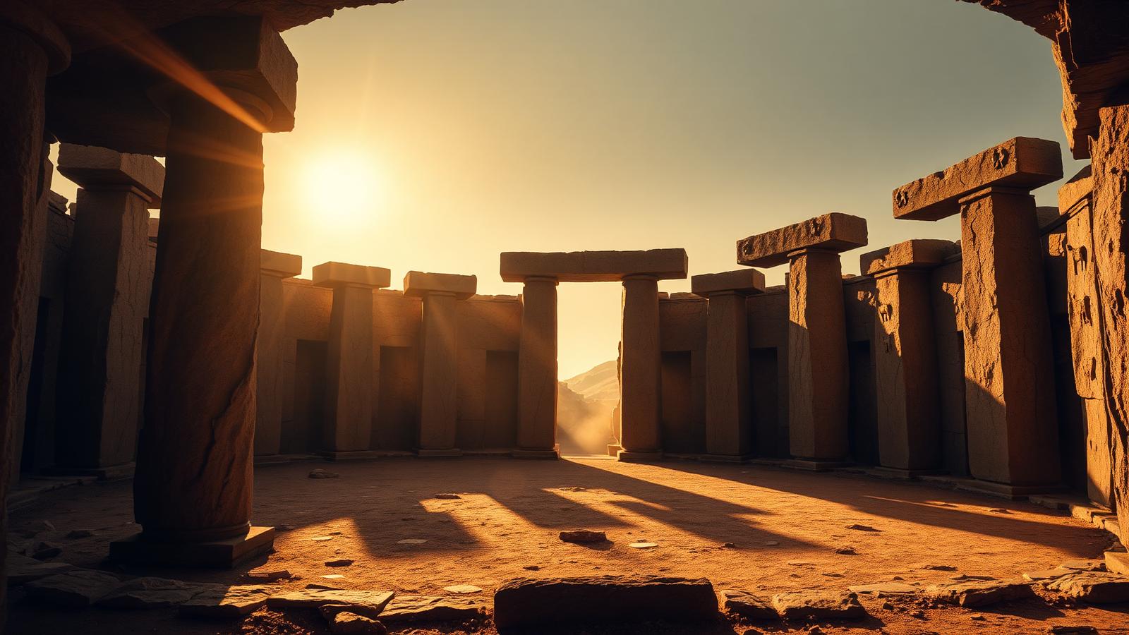 T-shaped megalithic pillars standing in a circular stone enclosure at dawn