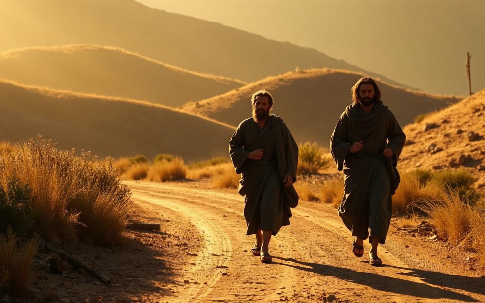 Two robed teachers walking a dusty Galilean road at golden hour
