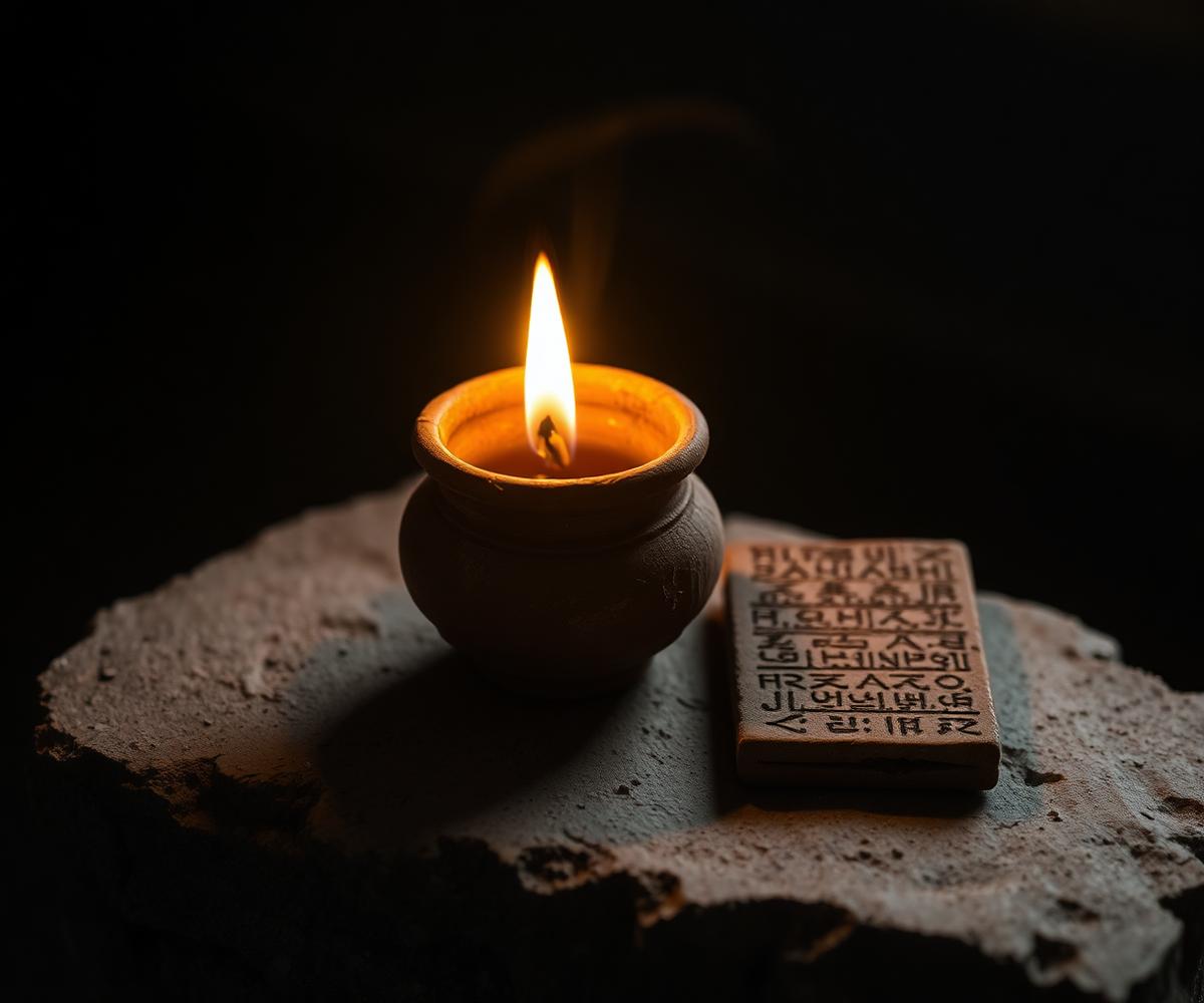 A clay oil lamp burning beside an inscribed tablet on weathered stone