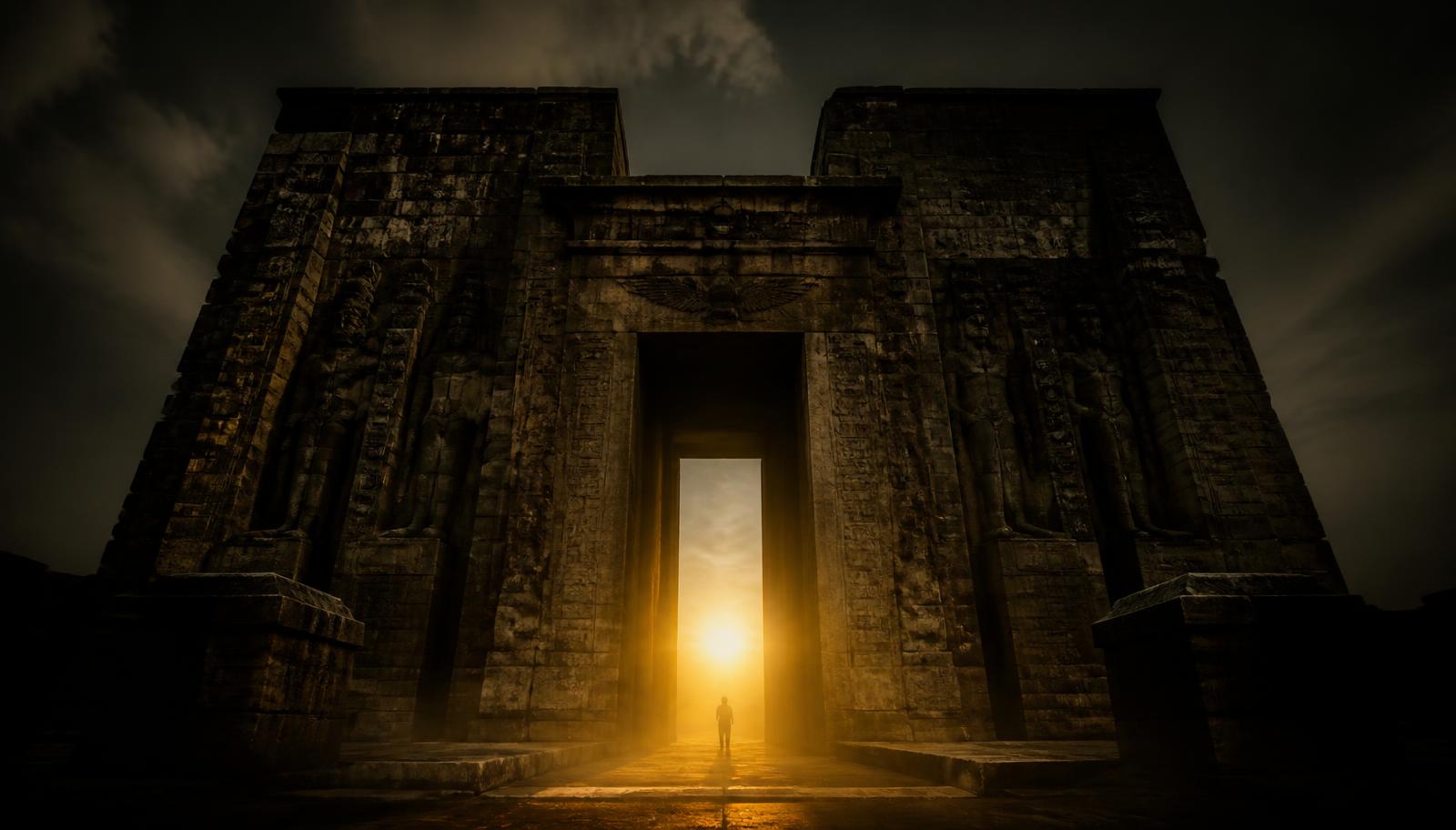 An ancient stone temple gateway aligned with low sunlight