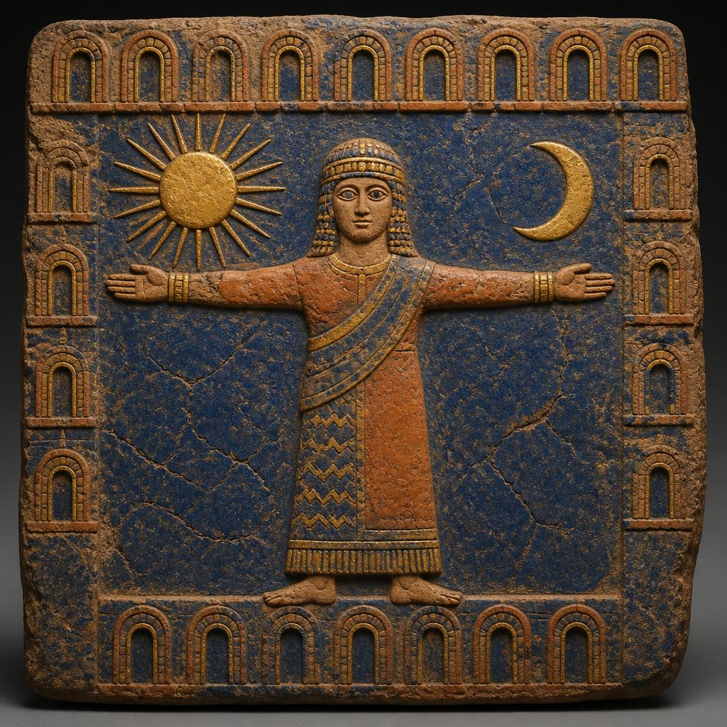 Carved relief of a figure standing with arms outstretched horizontally between a sun disc and a crescent moon, framed by twelve gate arches