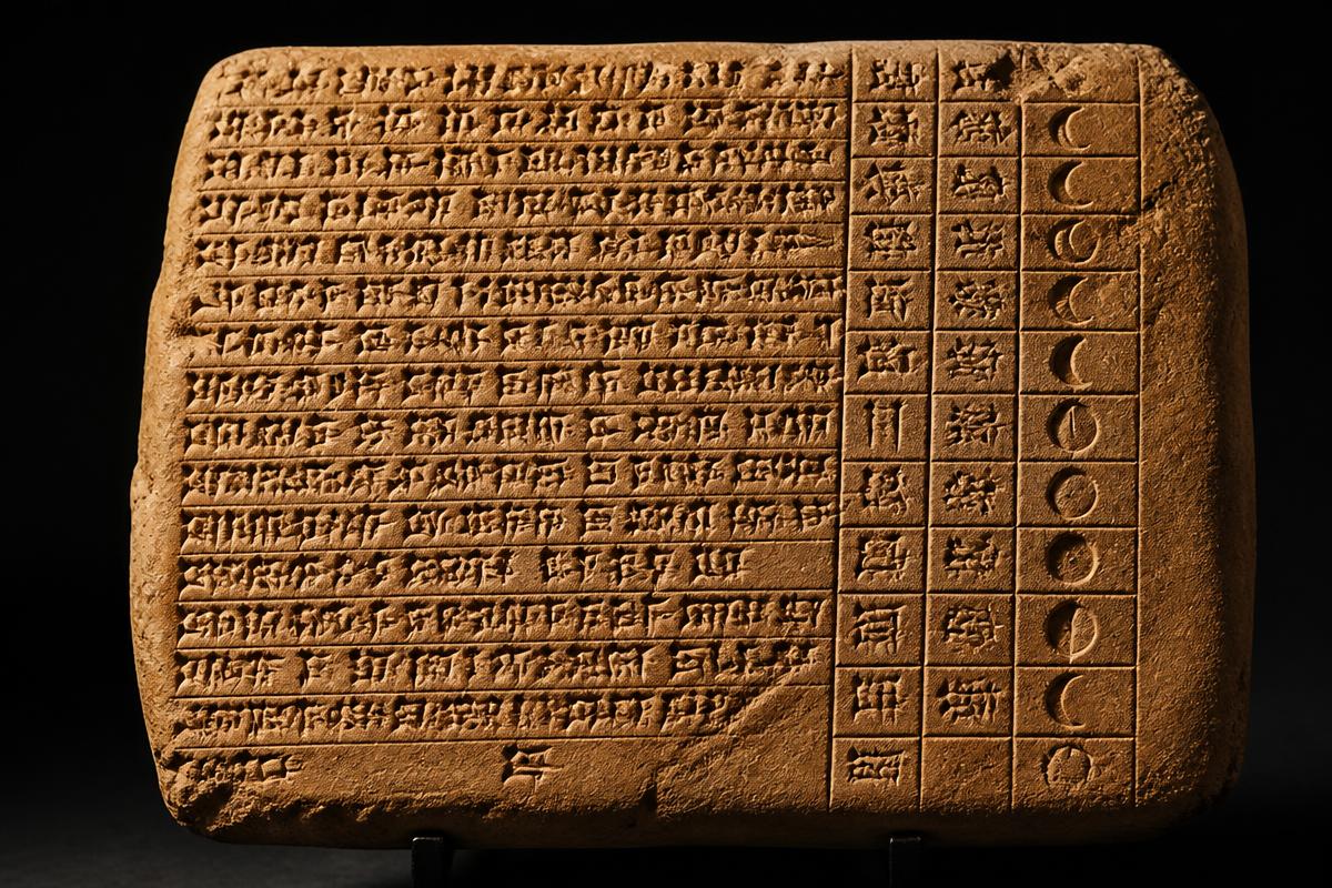 Babylonian clay tablet inscribed with cuneiform and a table of lunar phases