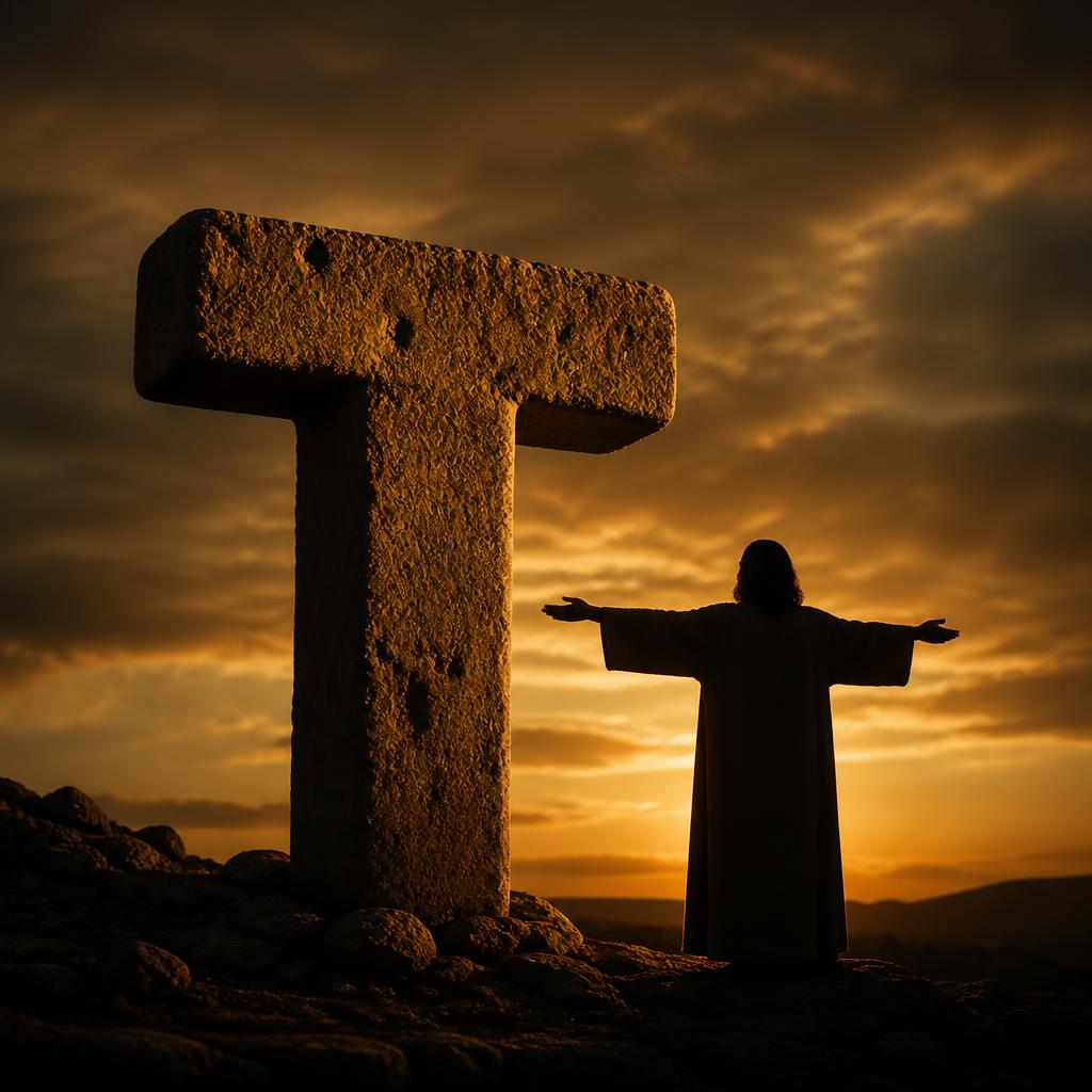 A robed figure stands in T-posture beside an ancient stone tau cross at dusk