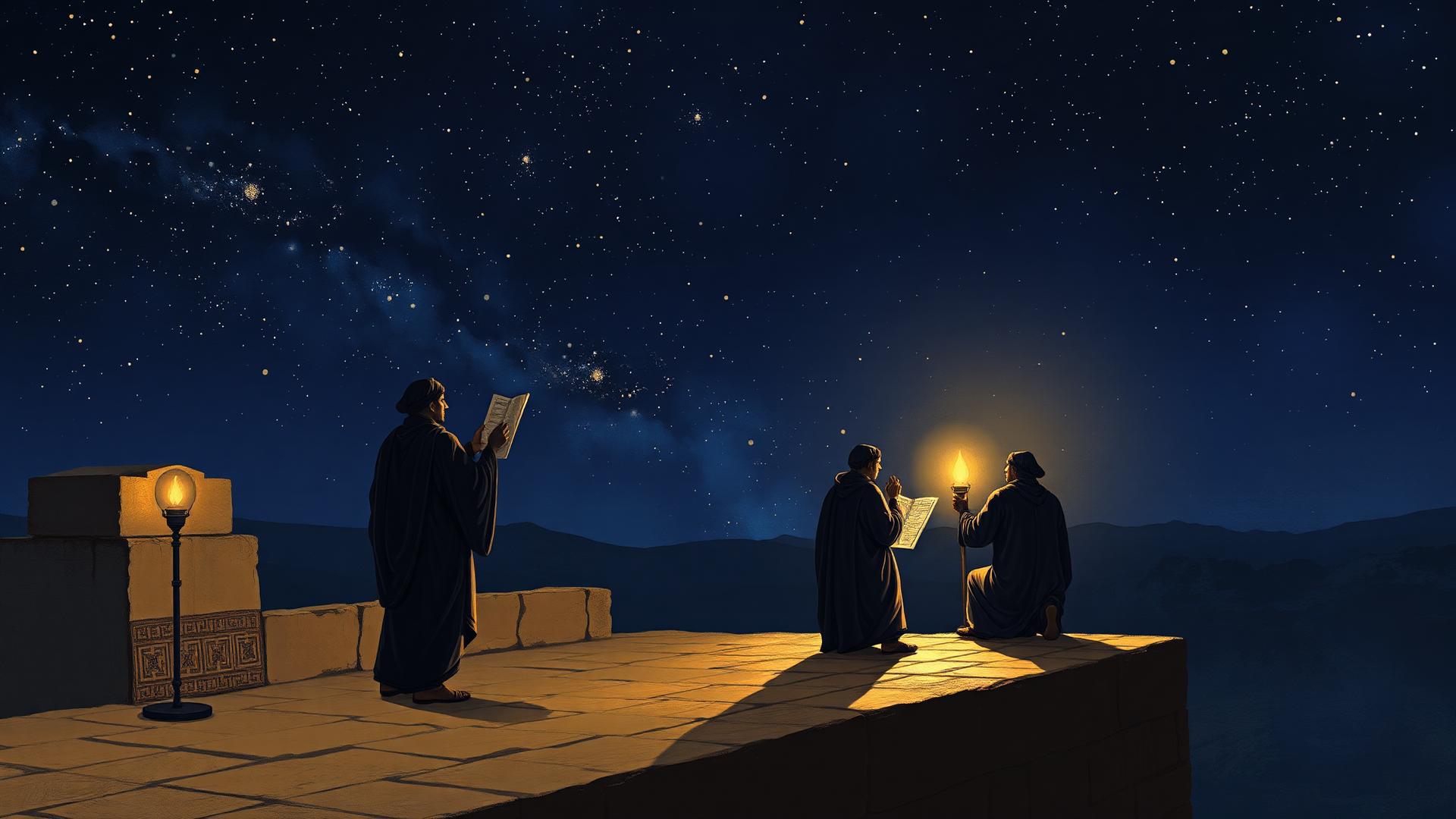 Robed watchers on a ziggurat rooftop reading star charts by lamplight